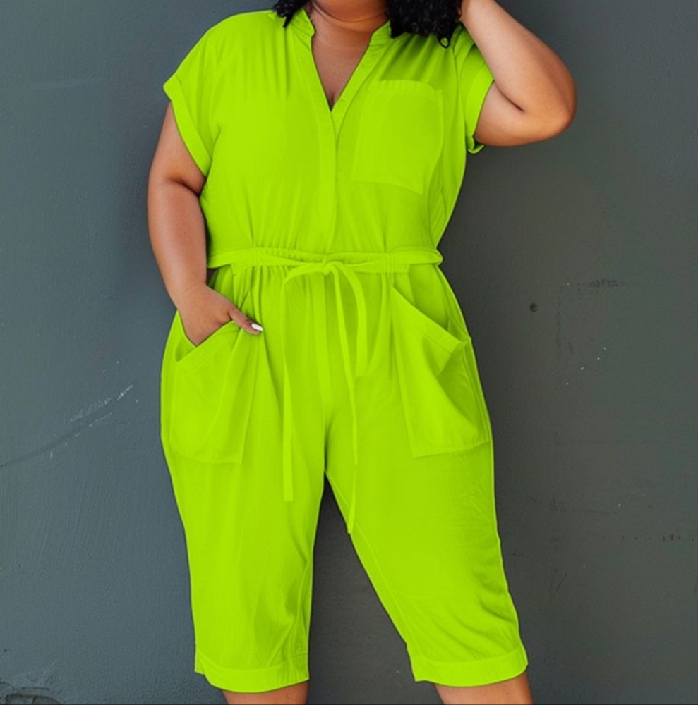 Xpluswear Design Plus Size Green V Neck Short Sleeve Wrap Pocket Jumpsuit